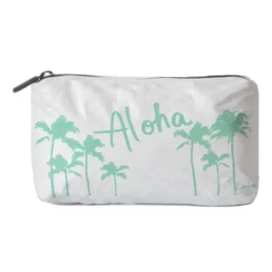 Saco em Tyvek branco com palmeiras verde menta e texto "Aloha"