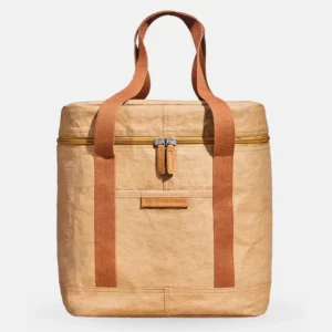 Saco de papel Tyvek reutilizável com fecho de correr superior e pegas castanhas.