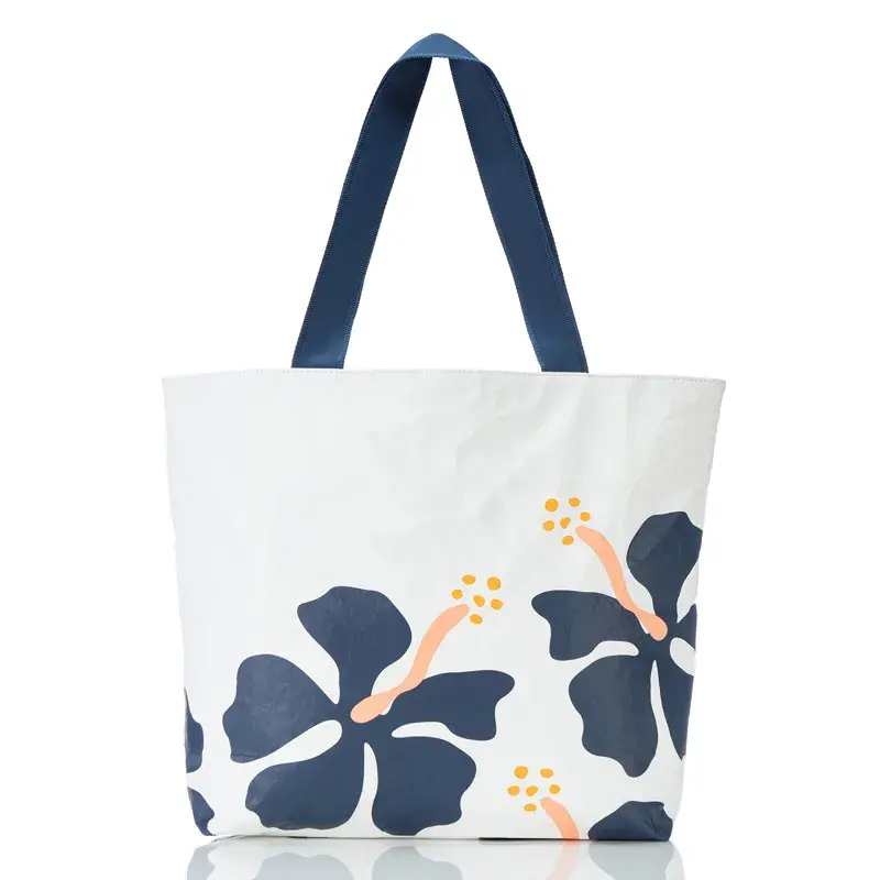 Saco em Tyvek com estampado de hibiscos havaianos em azul-marinho e pegas azuis