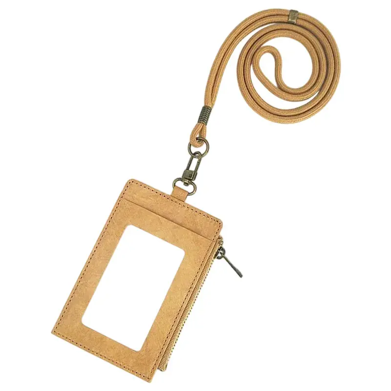 Capa de cartão Tyvek castanha com janela de identificação transparente, bolso com fecho de correr e cordão a condizer