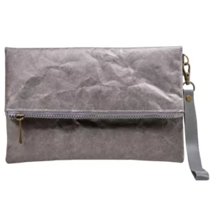 Saco de embreagem Tyvek cinzento com fecho de correr e alça de pulso