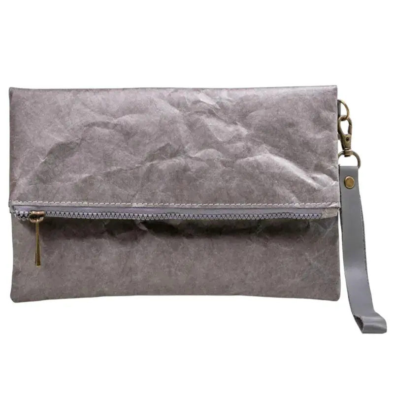 Saco de embreagem Tyvek cinzento com fecho de correr e alça de pulso