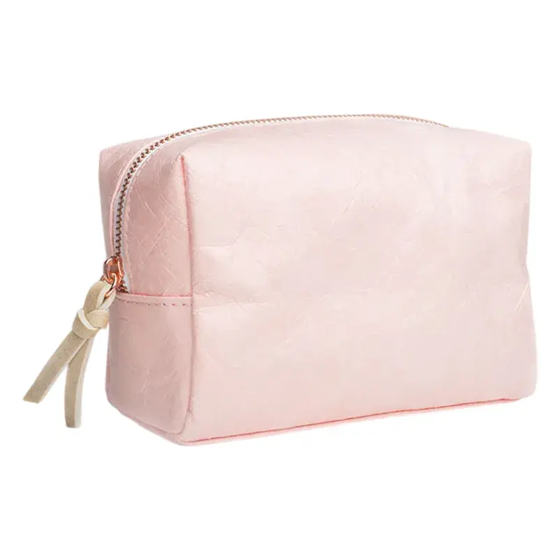 Saco de cosméticos Tyvek cor-de-rosa claro com fecho de correr e aba lateral