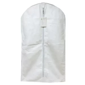 Saco de vestuário em Tyvek branco com fecho de correr frontal e etiqueta para pendurar