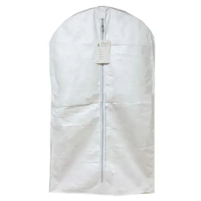 Saco de vestuário em Tyvek branco com fecho de correr frontal e etiqueta para pendurar