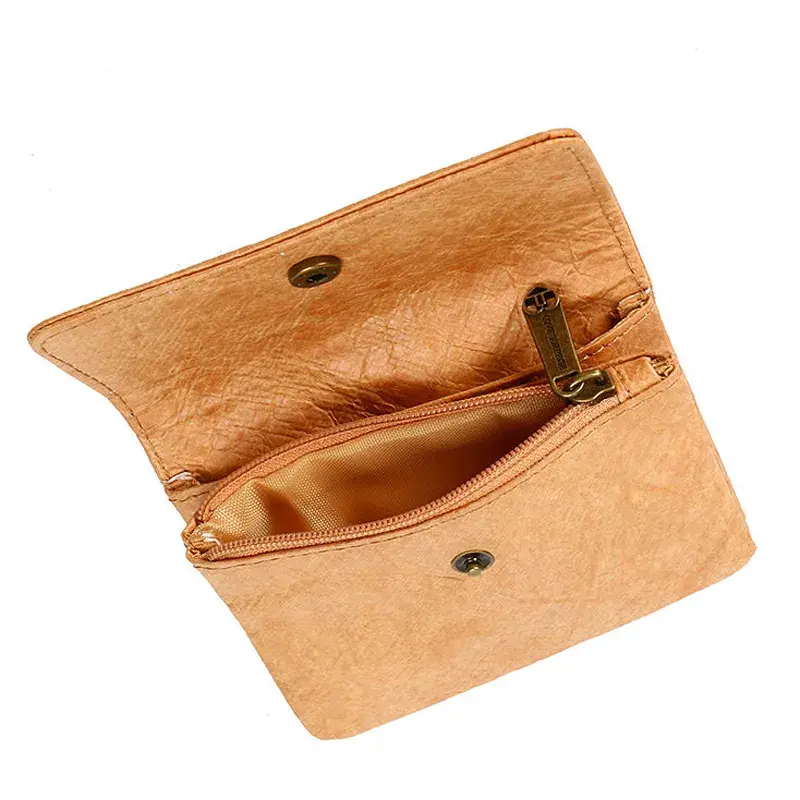 Bolsa aberta em Tyvek com bolso com fecho de correr e fecho de pressão, em cor castanha kraft