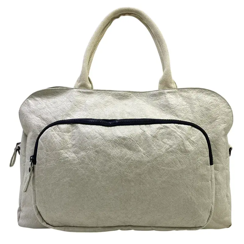 Saco de viagem em material Tyvek com bolso frontal com fecho de correr e pegas duplas