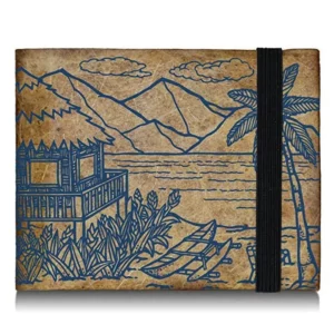 Carteira em Tyvek com ilustração de uma praia tropical e elástico preto