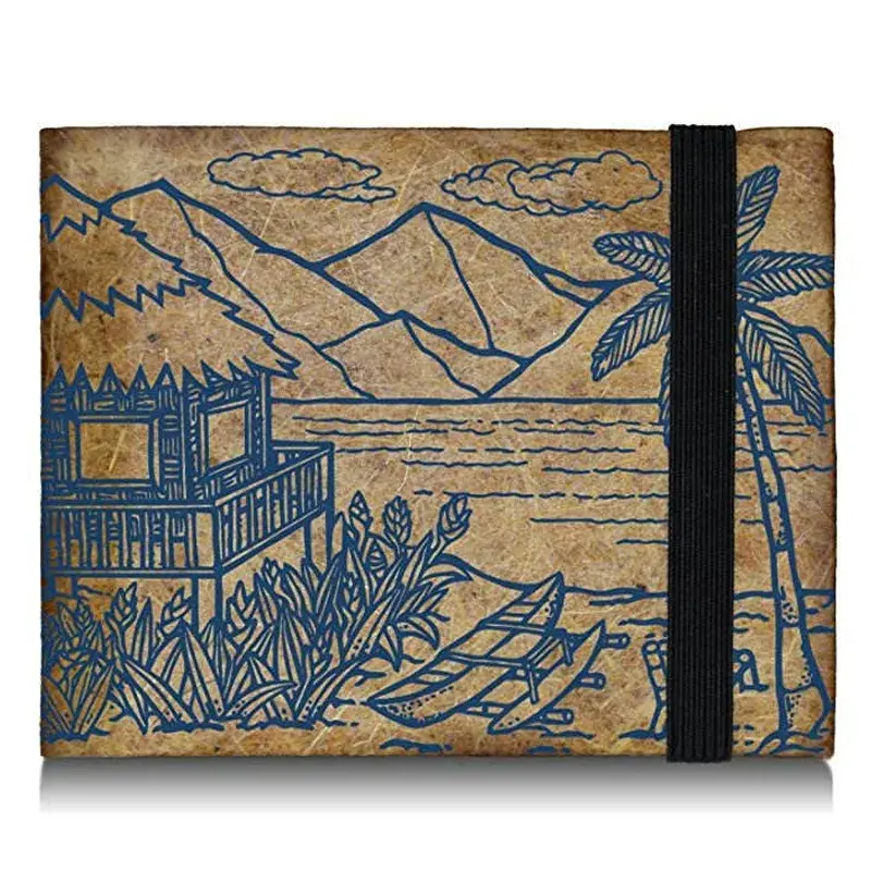 Carteira em Tyvek com ilustração de uma praia tropical e elástico preto